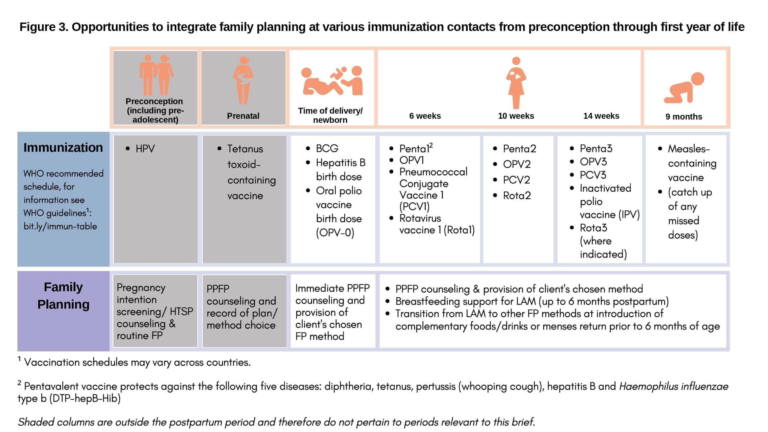 * The timeframes used in Figure 2 were selected because 6 months coincides with the end of the Lactational Amenorrhea Method (LAM) and 12 months for DPT3 is the timing available in DHS data.